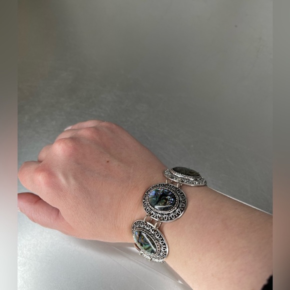 Blue Abalone Inlay Silver Tone Bracelet Oval Gem Toggle Bracelet - Picture 2 of 4
